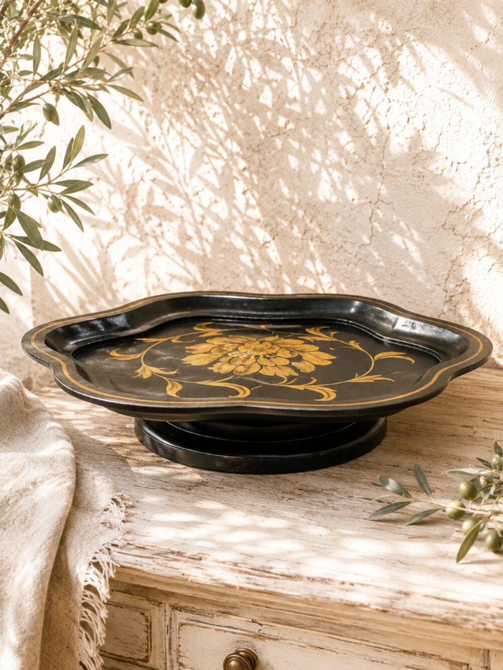 Vintage Hand Painted Toleware Floral Pedestal Serving Tray With Scalloped Edge